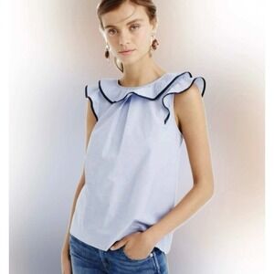 J Crew blue linen tank preppy flutter sleeve navy piping seaside coastal size 6